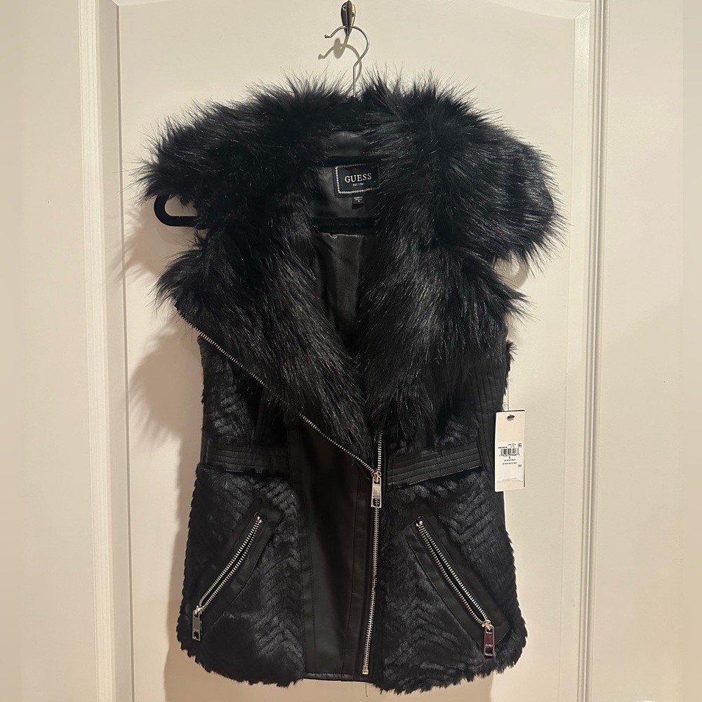 GUESS jet black faux fur vest with faux leather lining